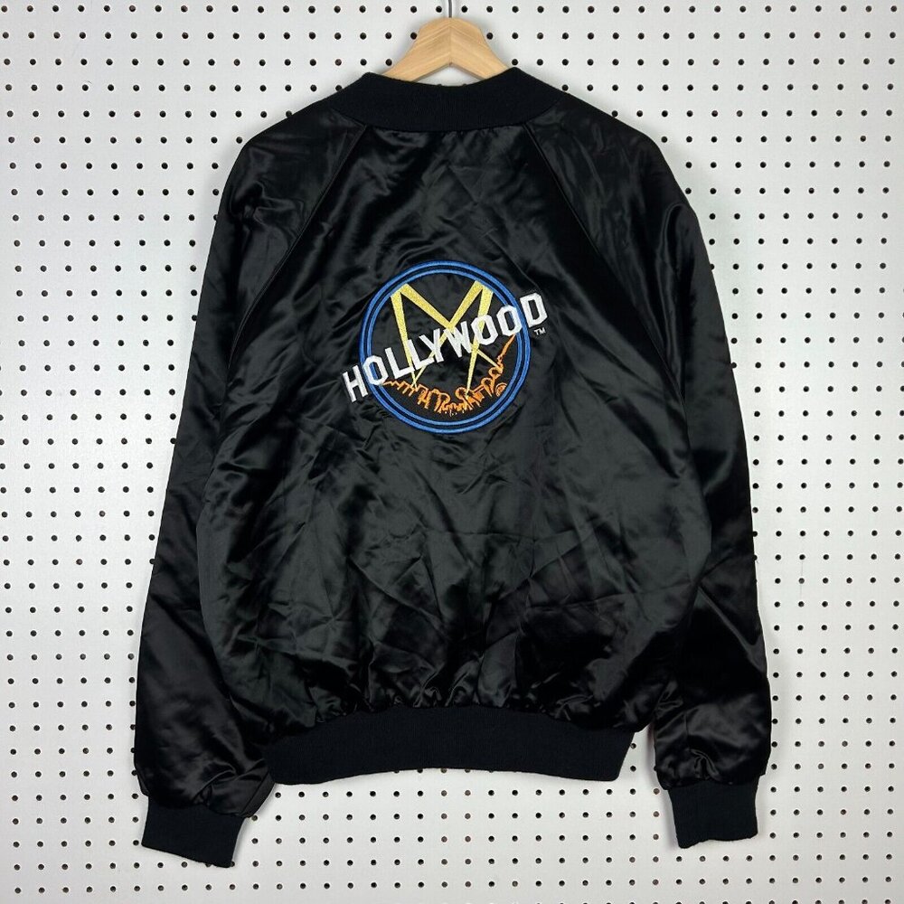Hollywood Embroidered Size XL Jacket Black Shiny Satin Acetate‎ Bomber Vintage
